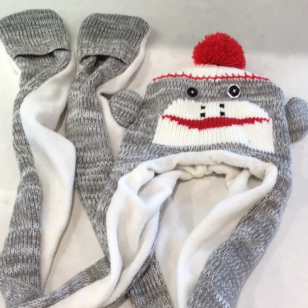 Gray and Red Sock-monkey Kids Knit Hat with Scarf and mittens 3 in one NWOT